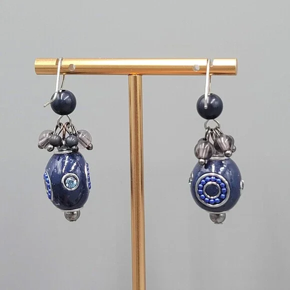 Blue Bead Pierced Earrings Crystal Silver tone Dangle 1.25 in - Picture 6 of 8